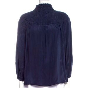 Frame Mock Neck Navy Blue Silk Blose | Large